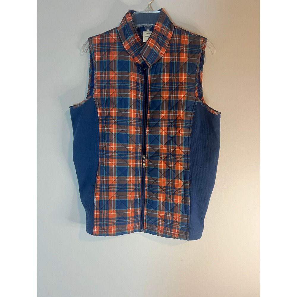 Blair Womens Plaid Quilted Puffer Vest Orange Blue Full Zip Mock Neck Medium‎